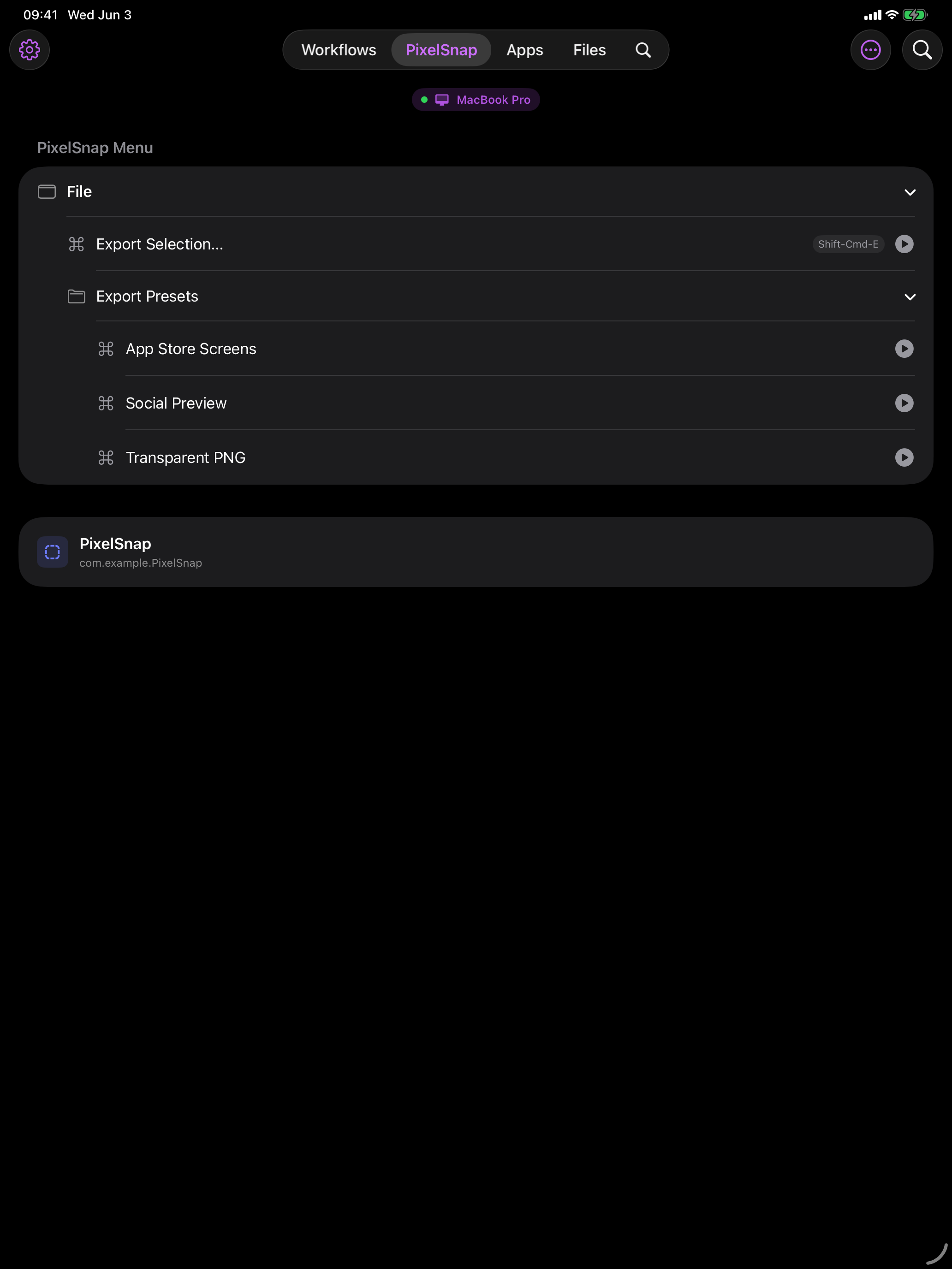 Cuevello current Mac app menu screen on iPad