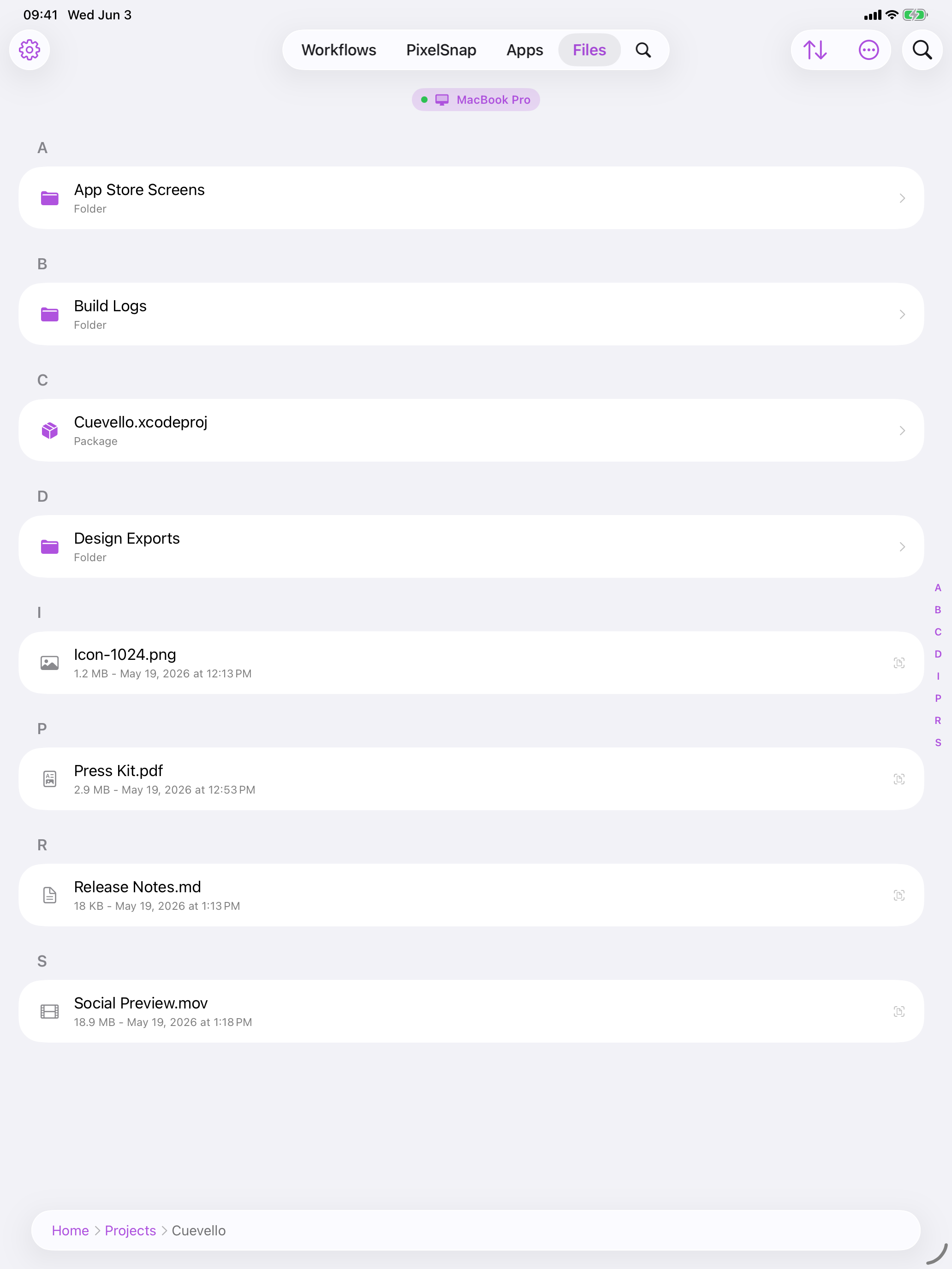 Cuevello files screen on iPad