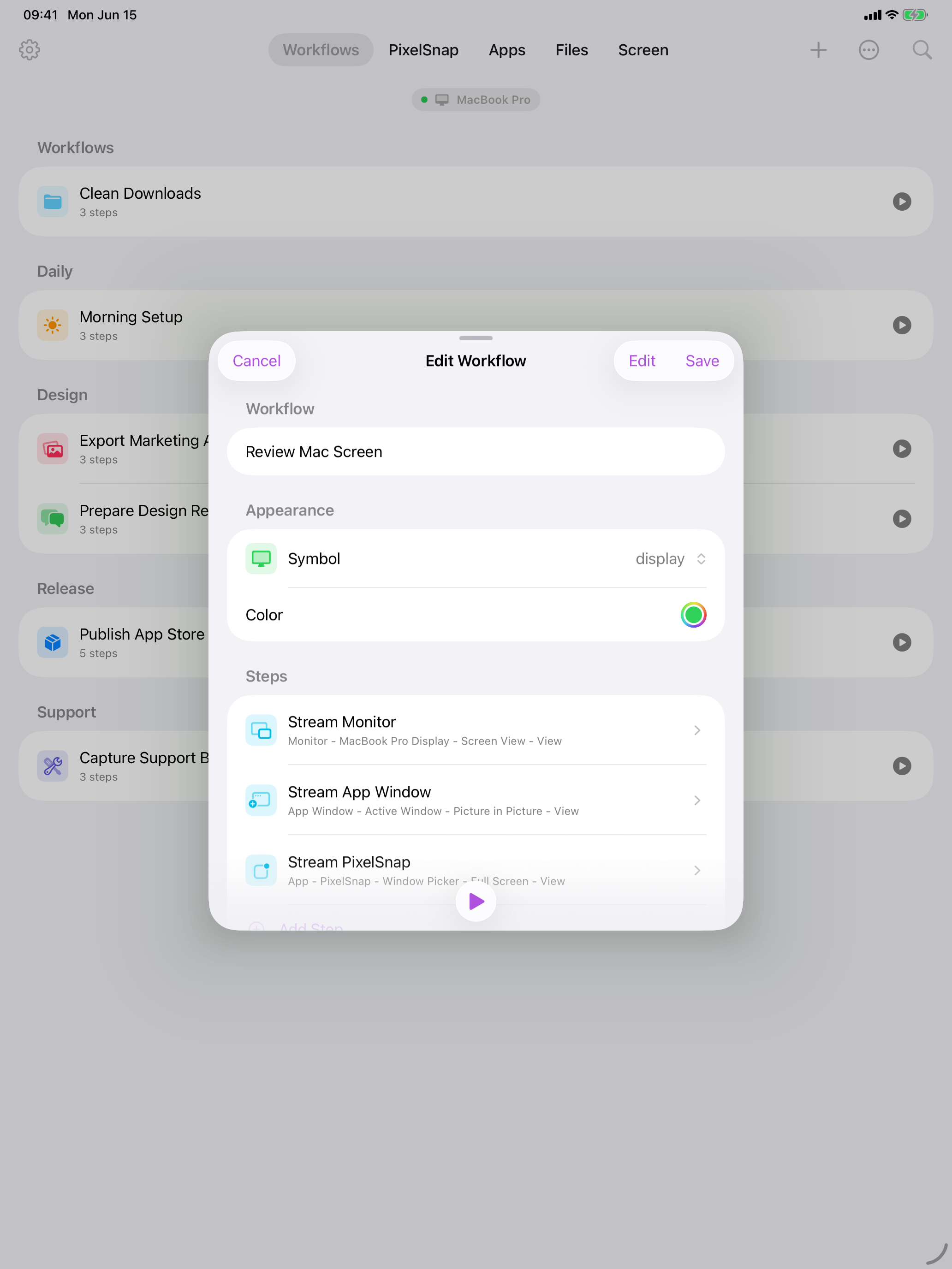 Cuevello Screen workflow step on iPad