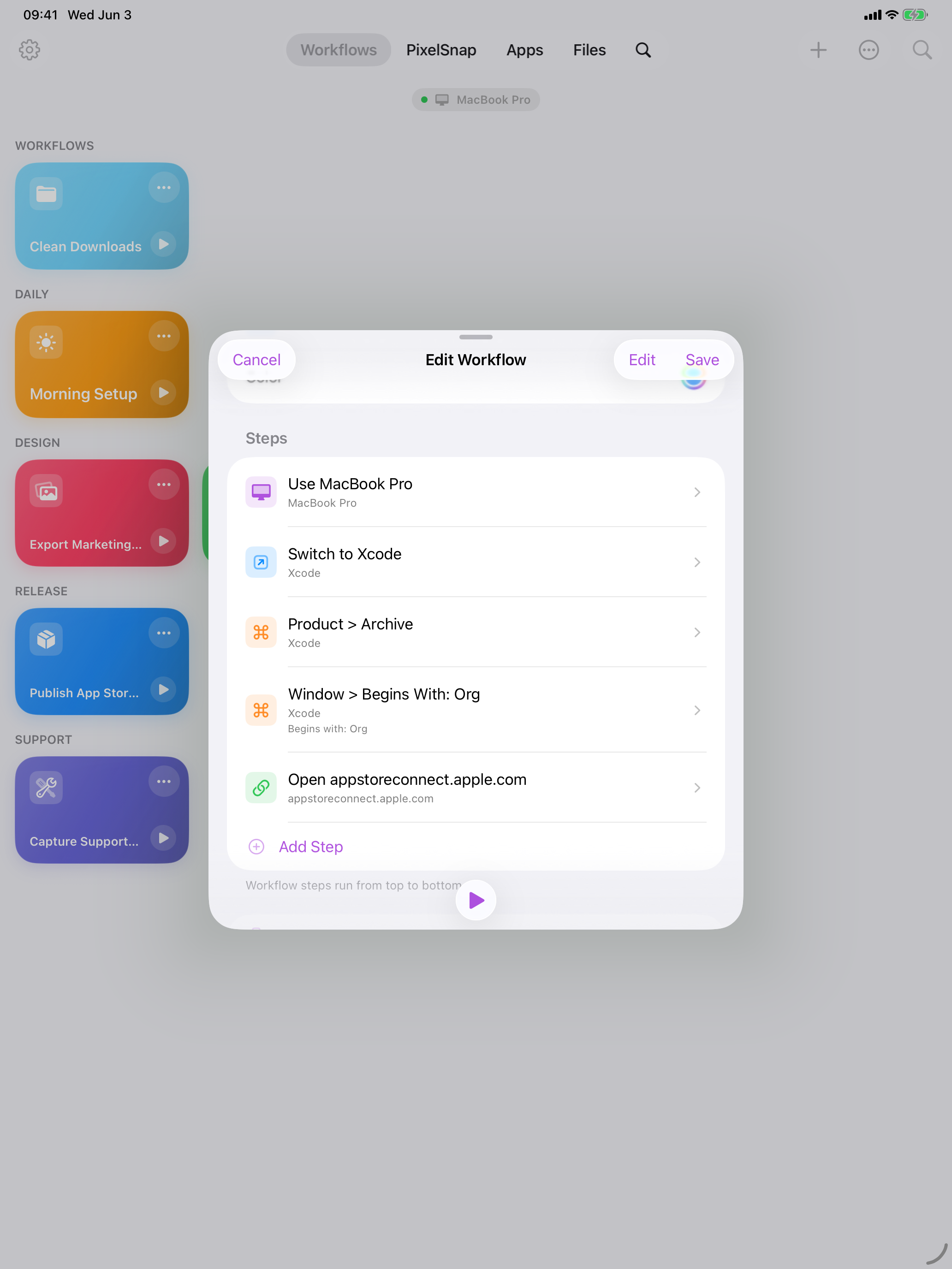 Cuevello workflow editor screen on iPad