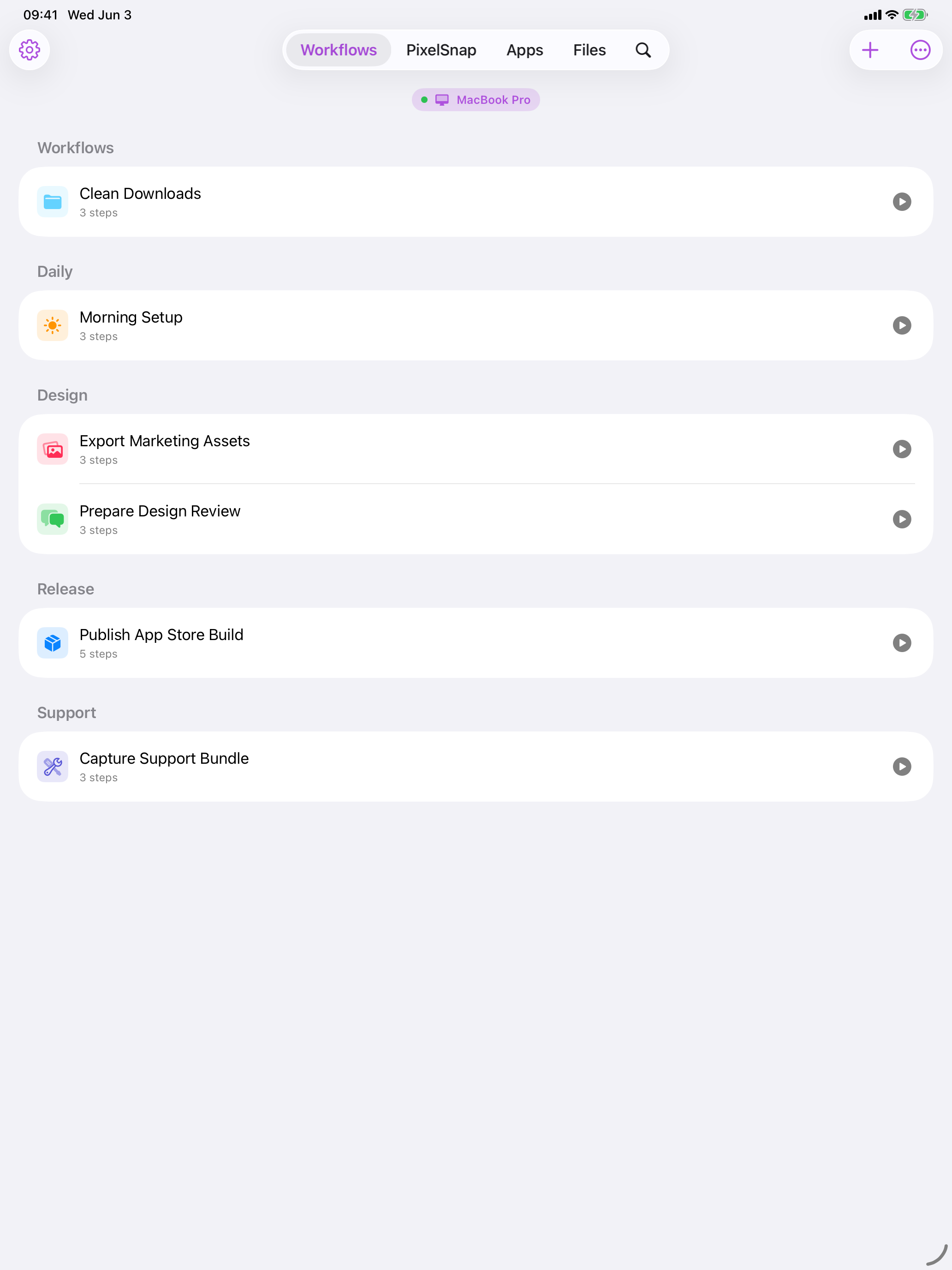 Cuevello workflows screen on iPad