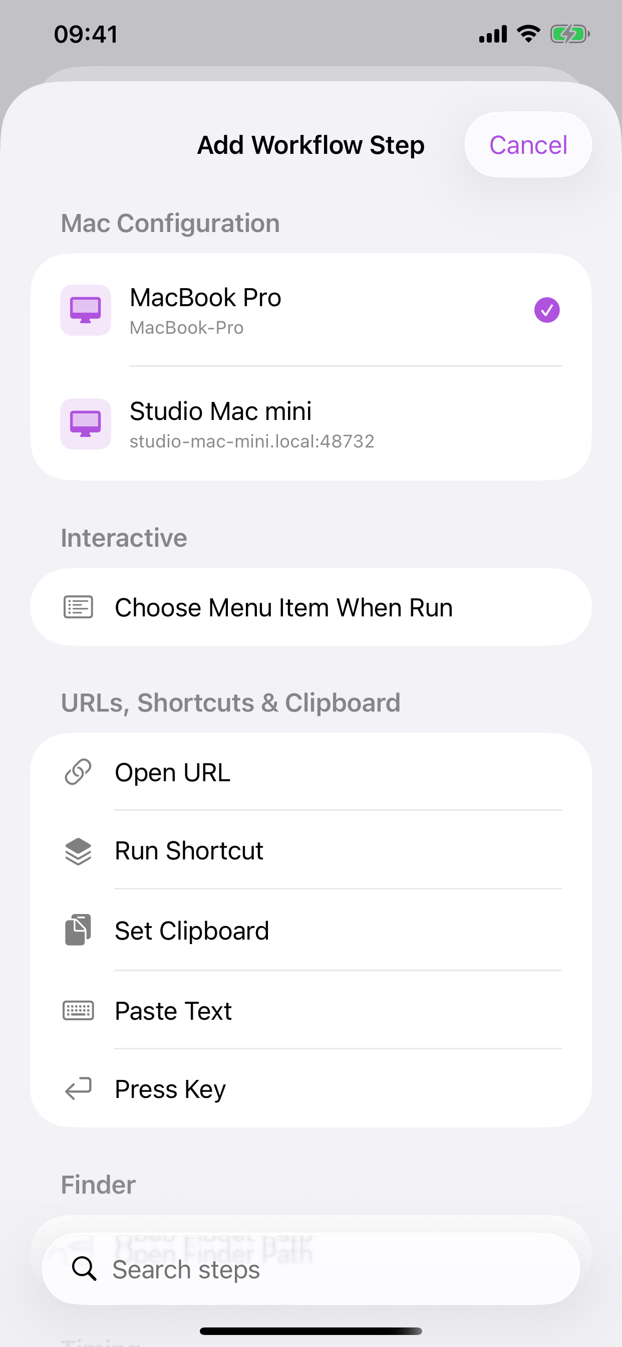 Cuevello add workflow steps screen on iPhone
