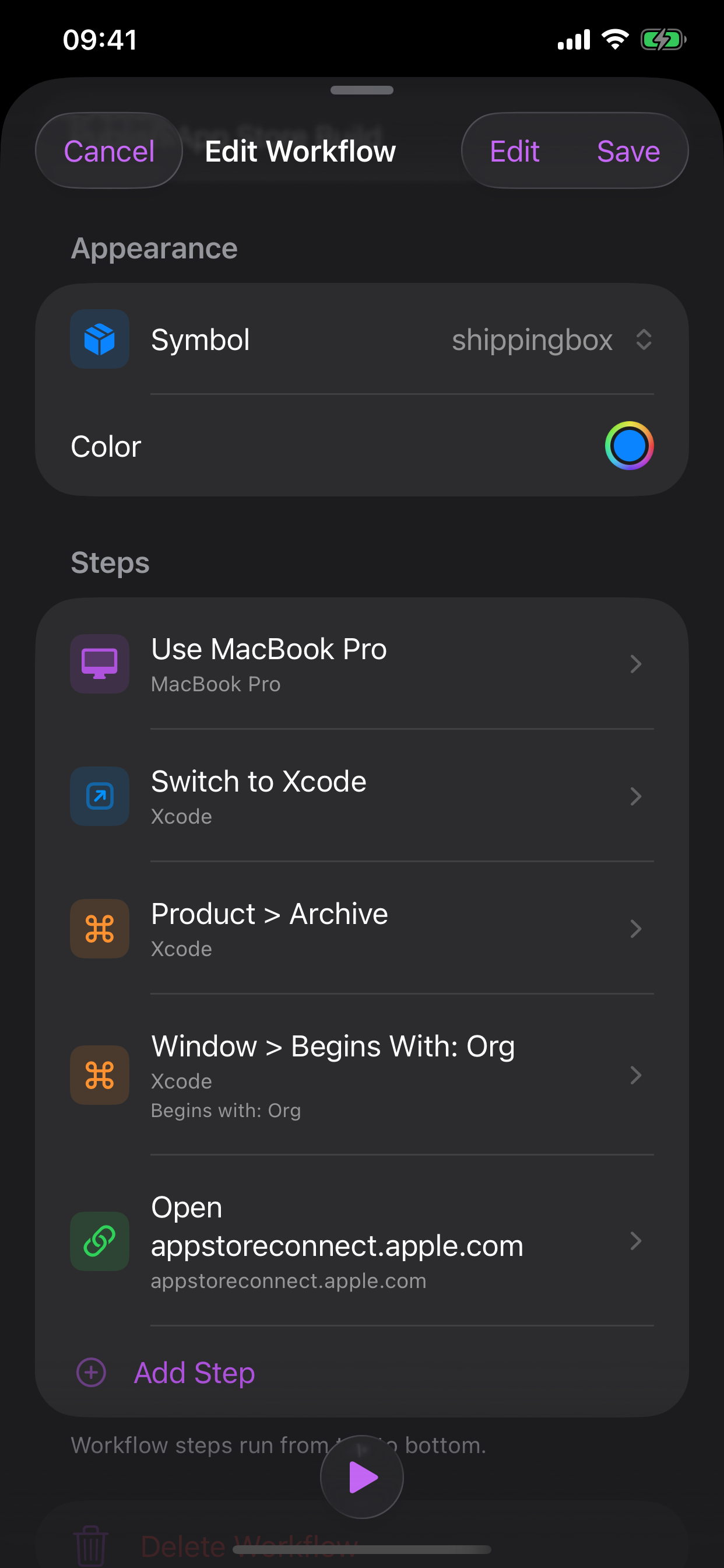 Cuevello workflow editor screen on iPhone